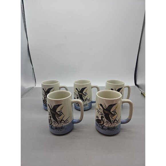 Wood Ducks Large Mugs Otagiri Set Of 5 Vintage Japan 5” Hunting Raised Painting - Picture 1 of 11
